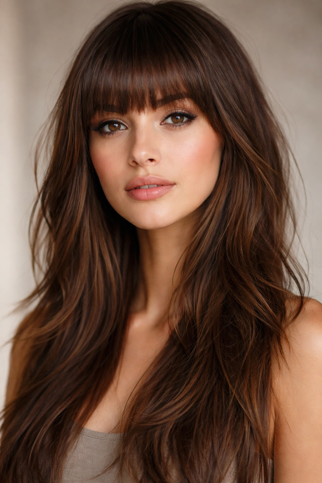 Blunt straight-across bangs with choppy layers for width