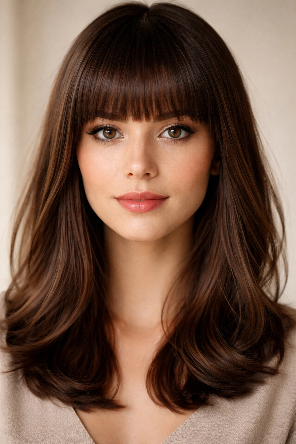 Close-up of straight-across bangs at eyebrow length on medium-length hair