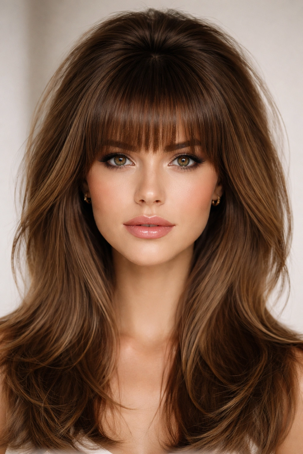 Close-up portrait showing blunt straight bangs and a voluminous crown