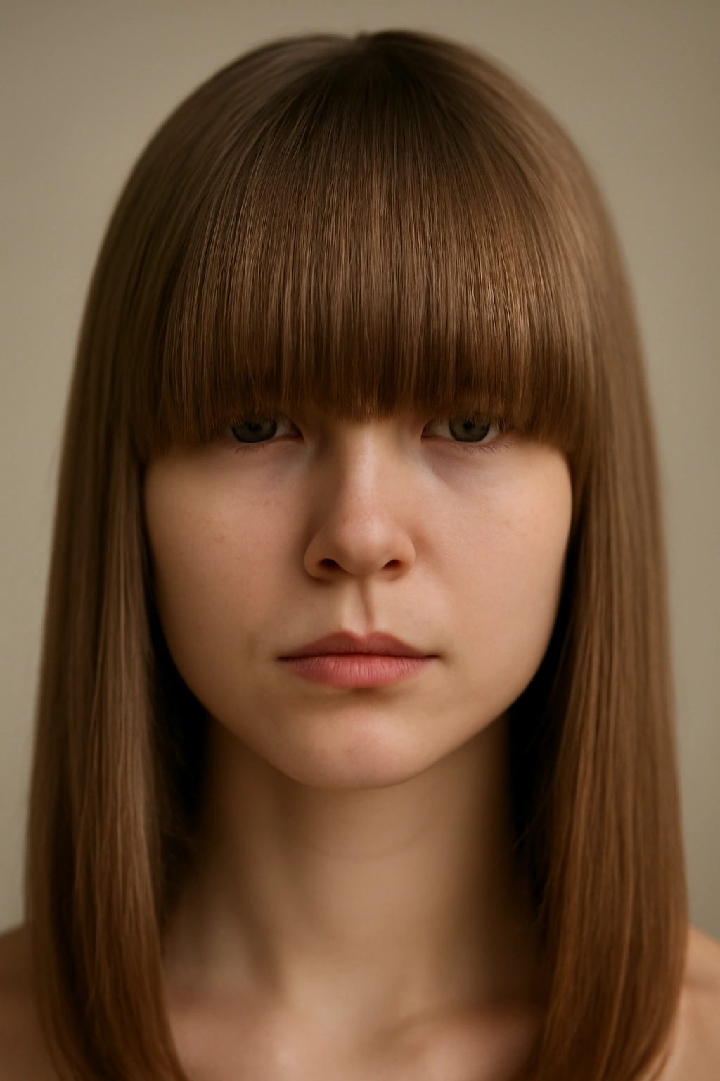 Close-up of blunt straight-across bangs on fine straight hair in a minimalist studio.