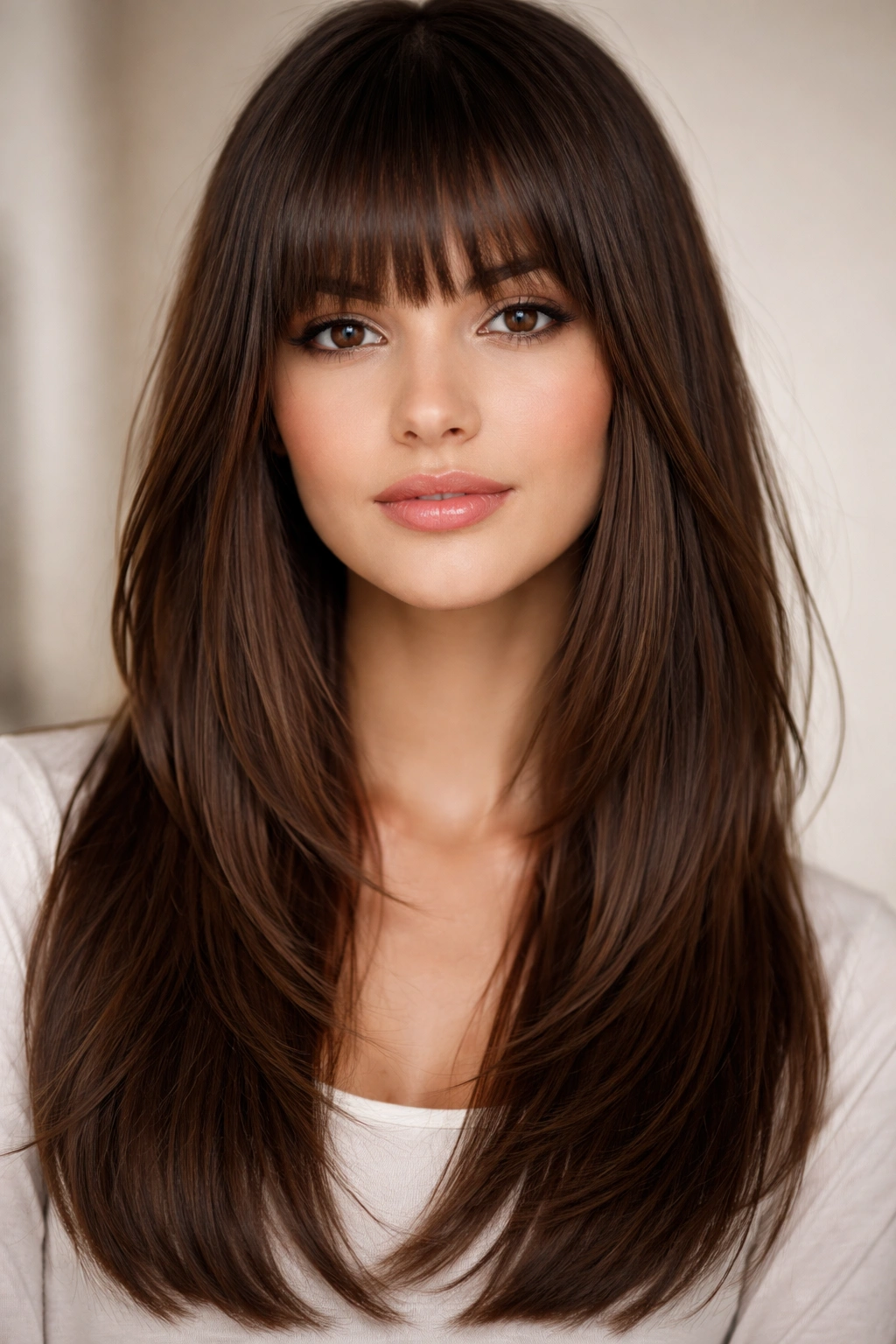 Straight bangs with long layers hairstyle front view
