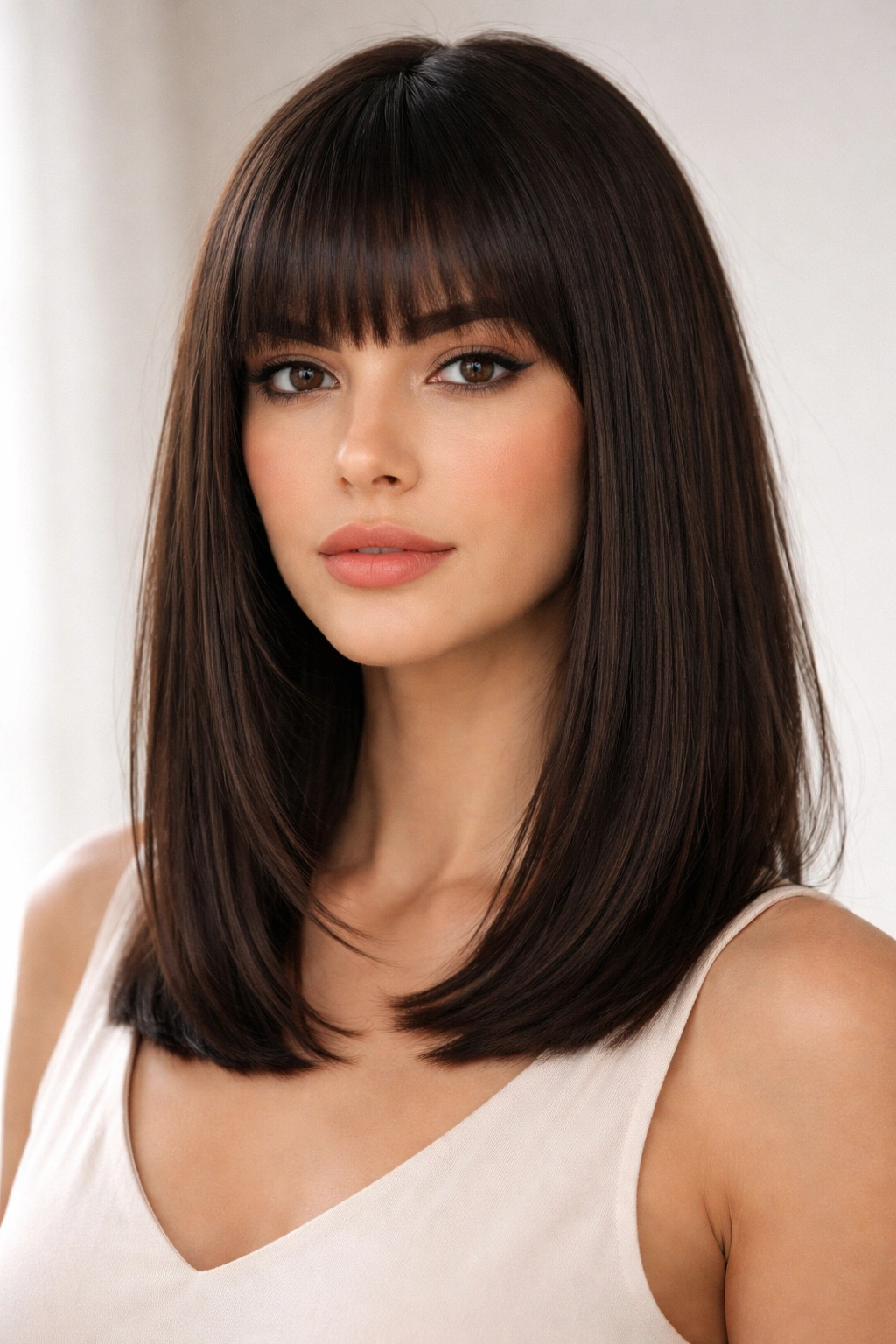 Straight hair blunt cut with full bangs on shoulder-length style