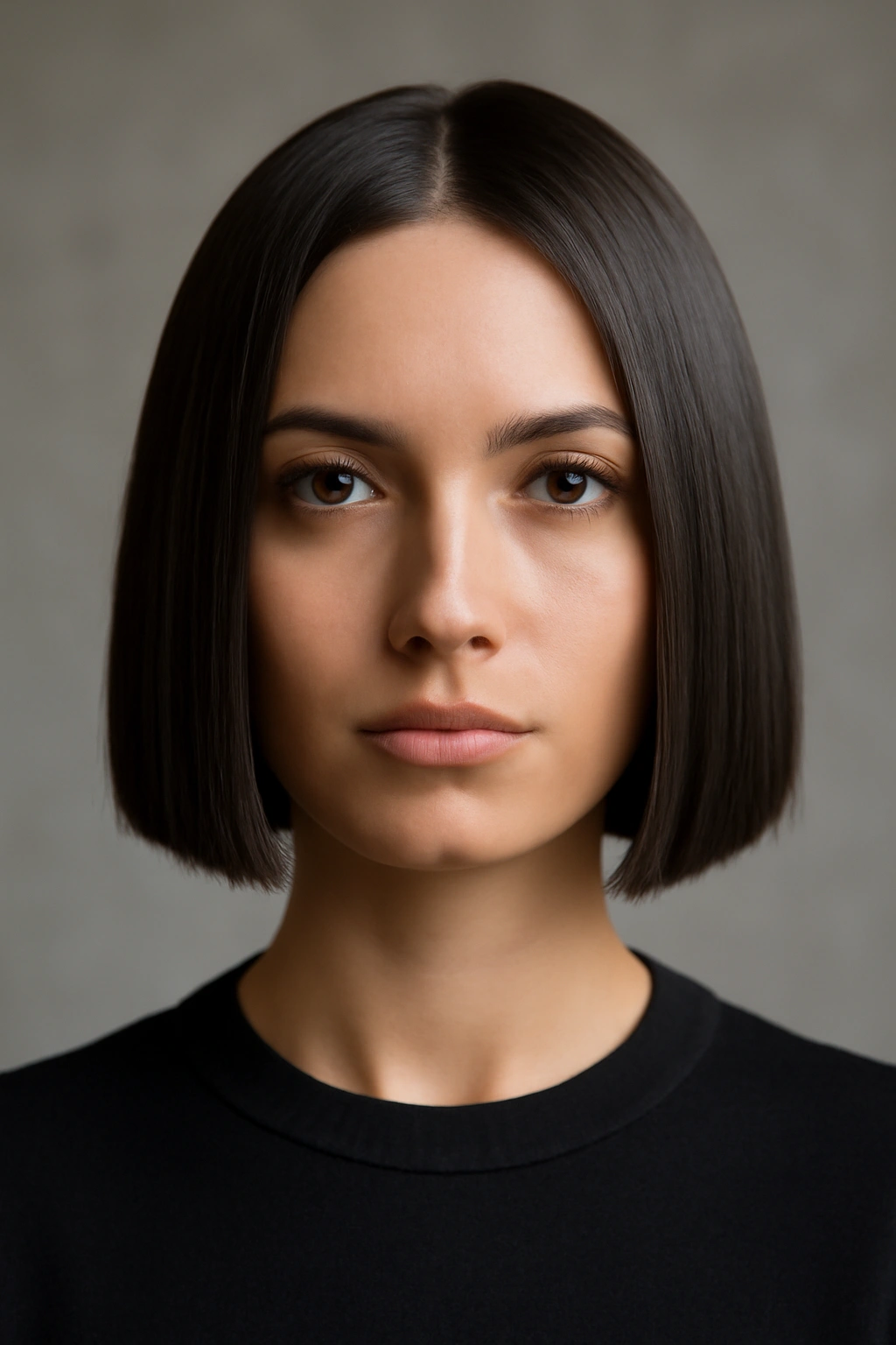 Frontal view of a straight blunt bob with razor-sharp lines