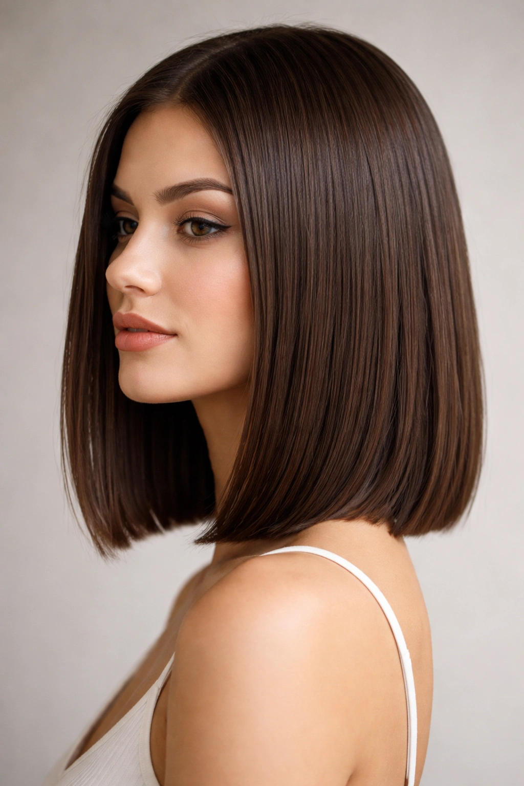 Close-up of straight shoulder-length blunt bob with crisp line and textured ends