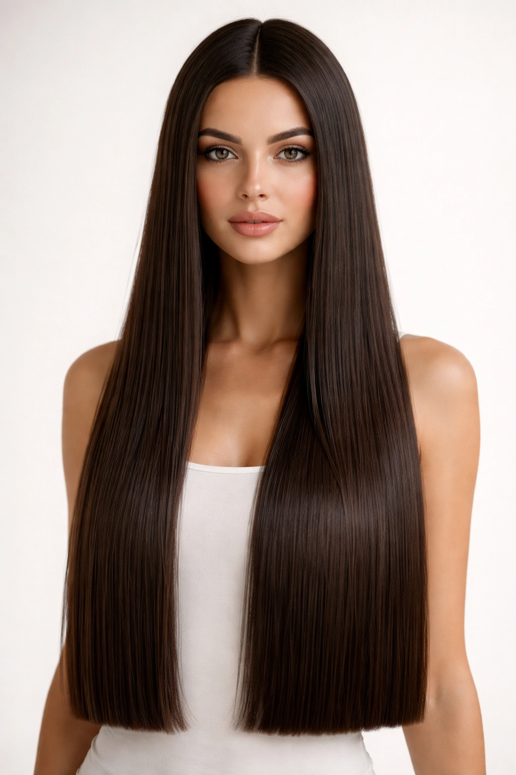 Long straight hair with a blunt, uninterrupted cut