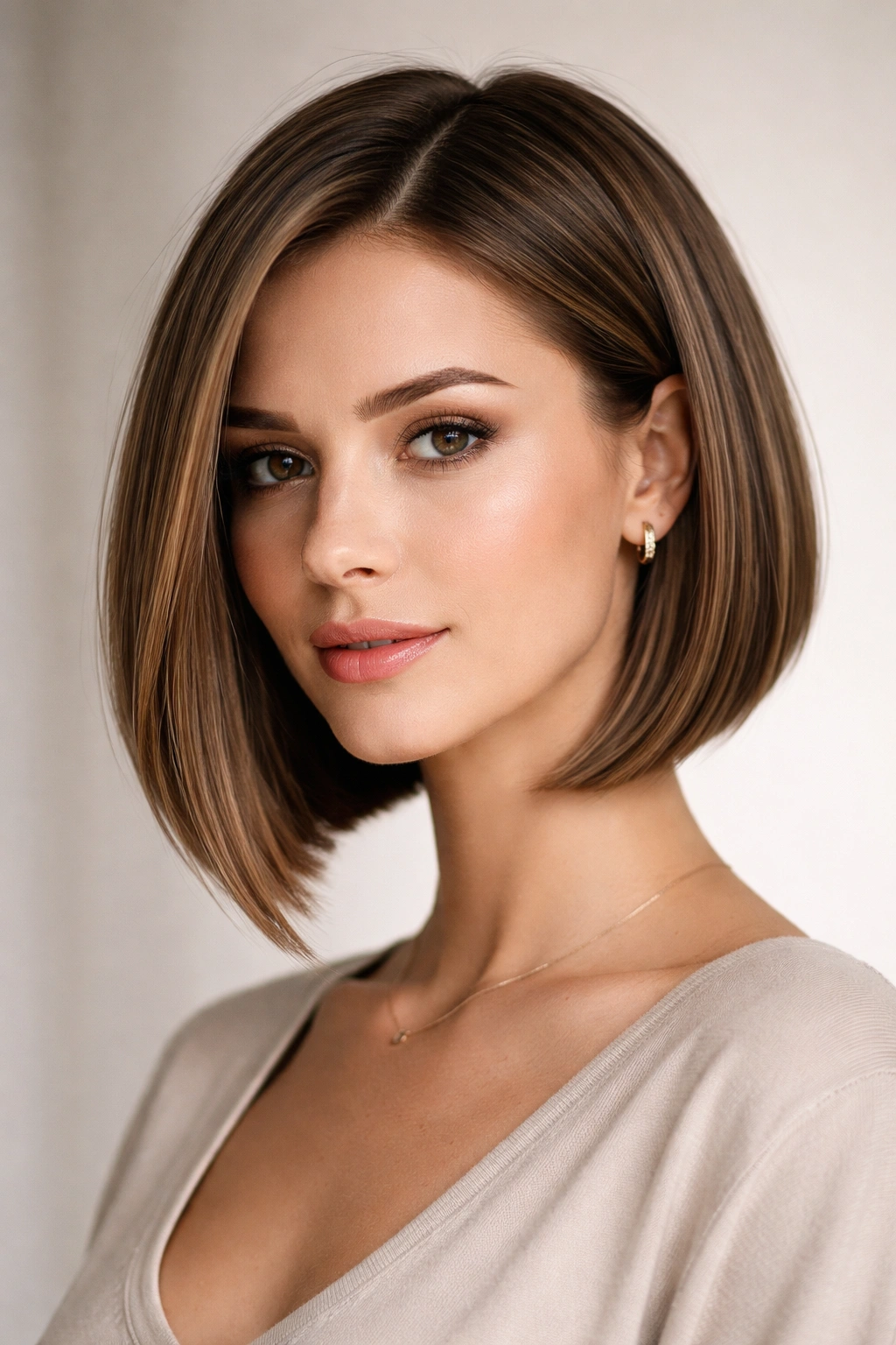 Straight bob with angled layers creating a chic jawline silhouette.