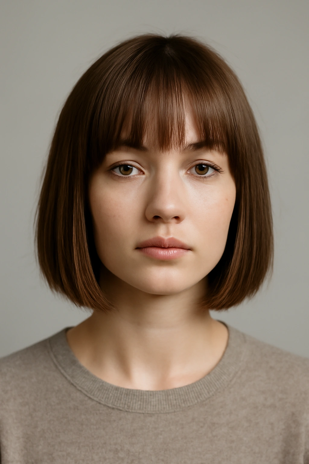 Model wearing a straight blunt bob with textured bangs under bright studio lighting