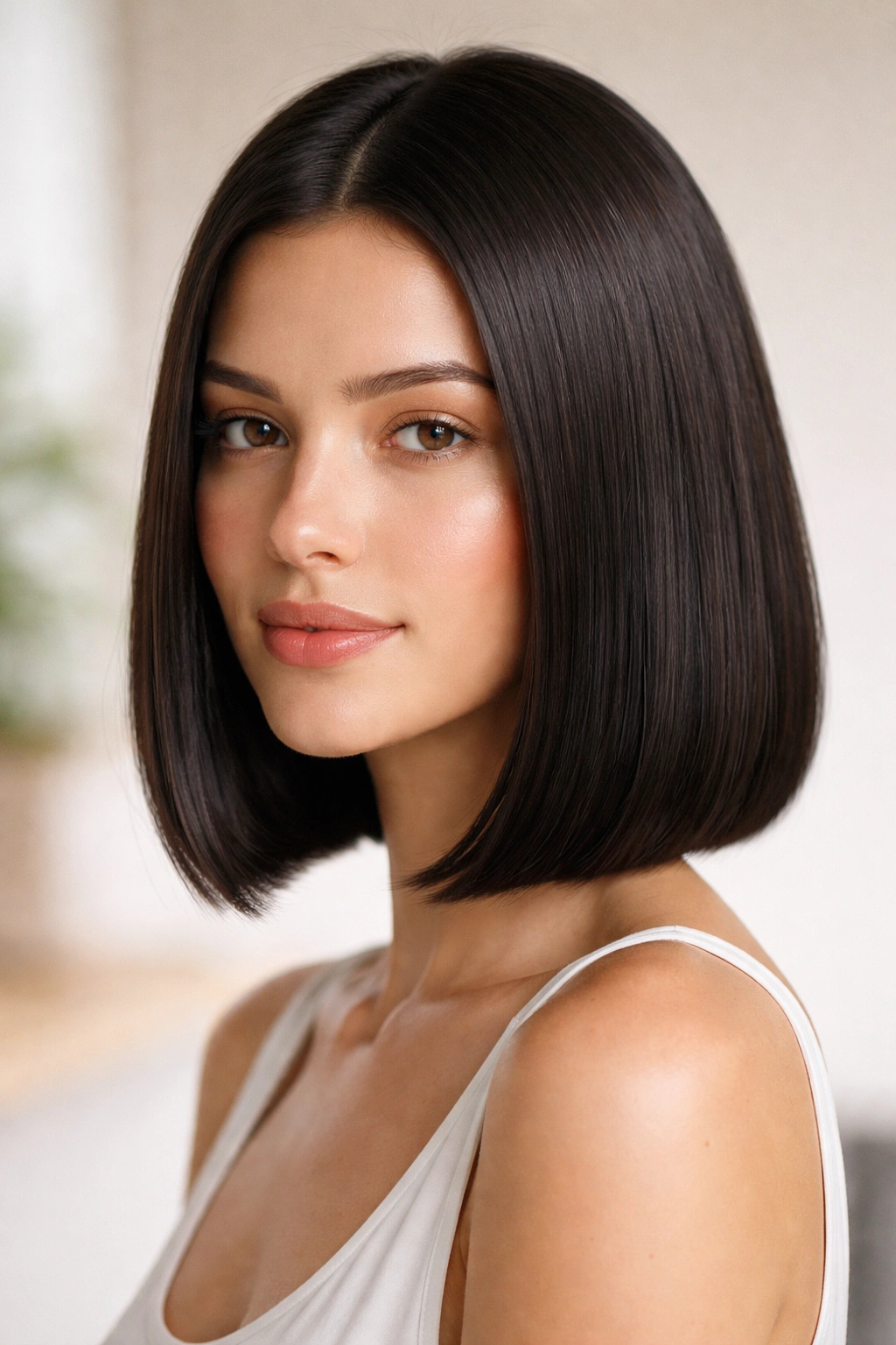 Straight blunt bob just above the shoulders with a smooth, sleek finish