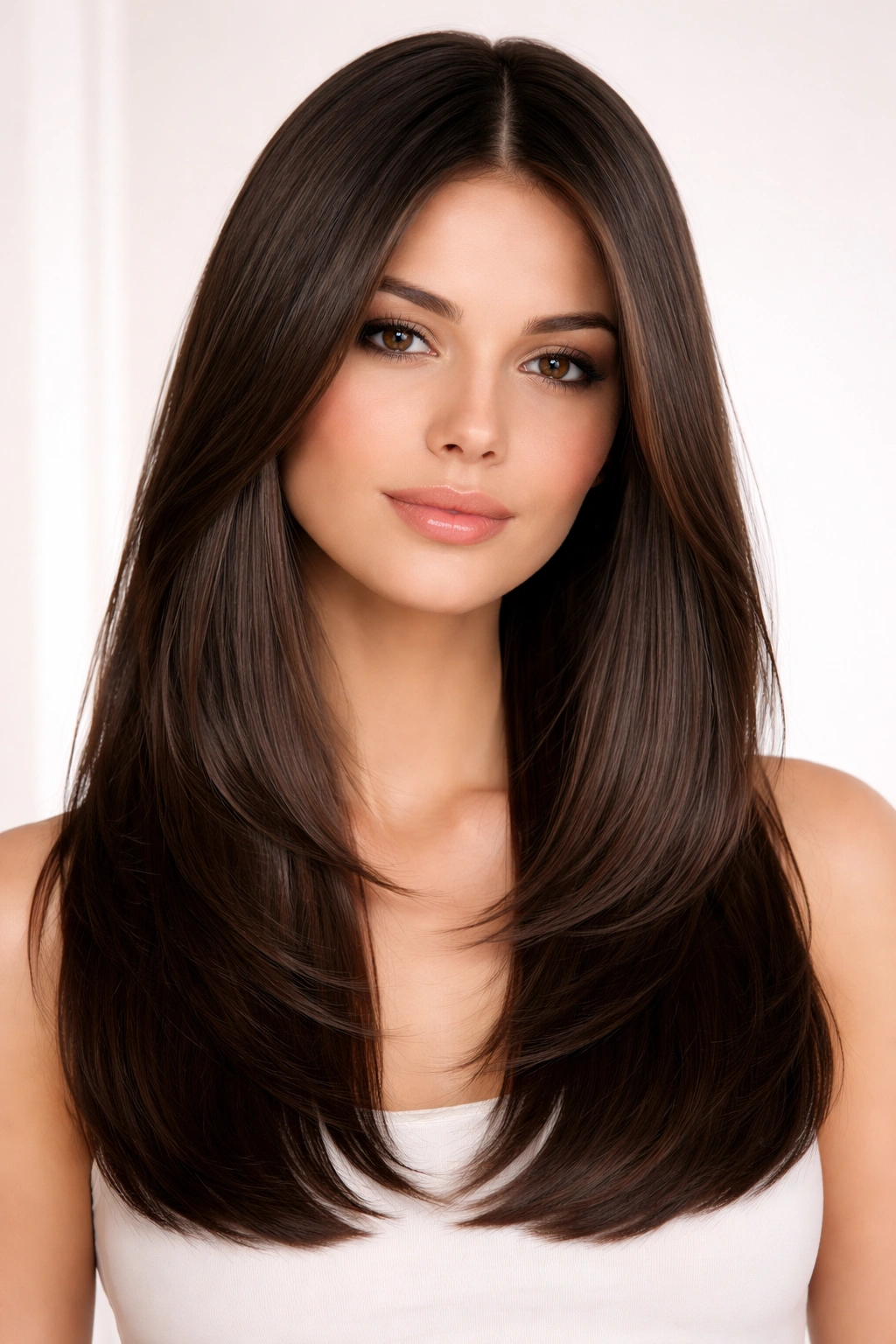 Portrait of a model with Straight-Haired Butterfly Cut showing crisp, geometric lines