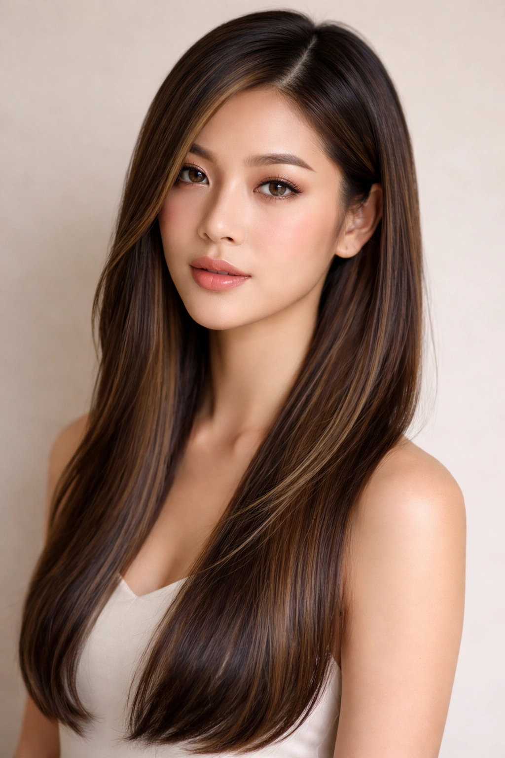 Straight hair with natural-looking balayage highlights and a deep side part