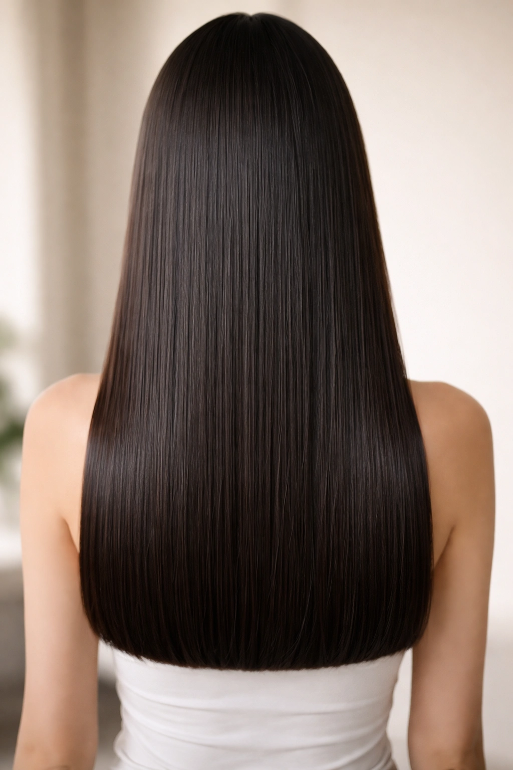 Close-up of sleek straight-across long cut with blunt edge, glossy finish