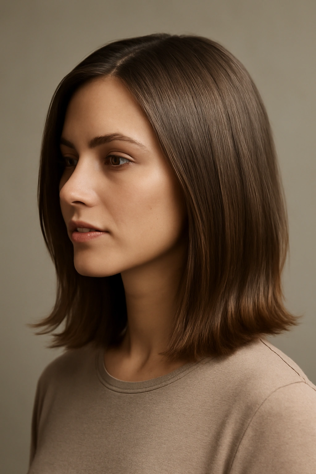 Shoulder-length straight hair with textured ends showing subtle bends