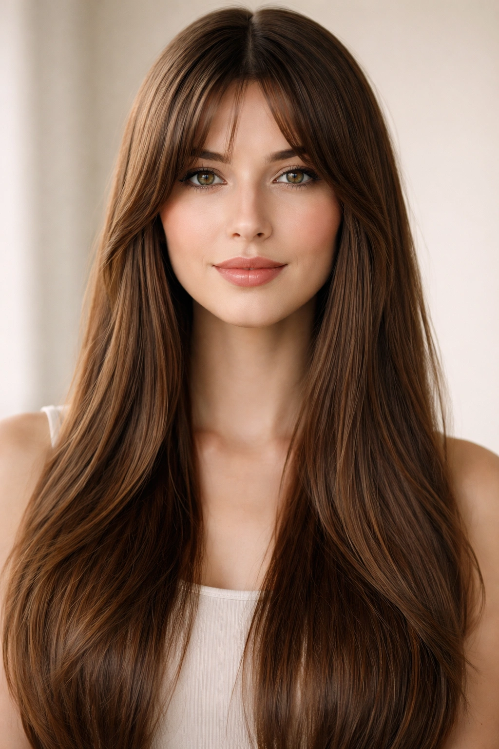 Straight hair with middle-part curtain bangs framing the face diagonally