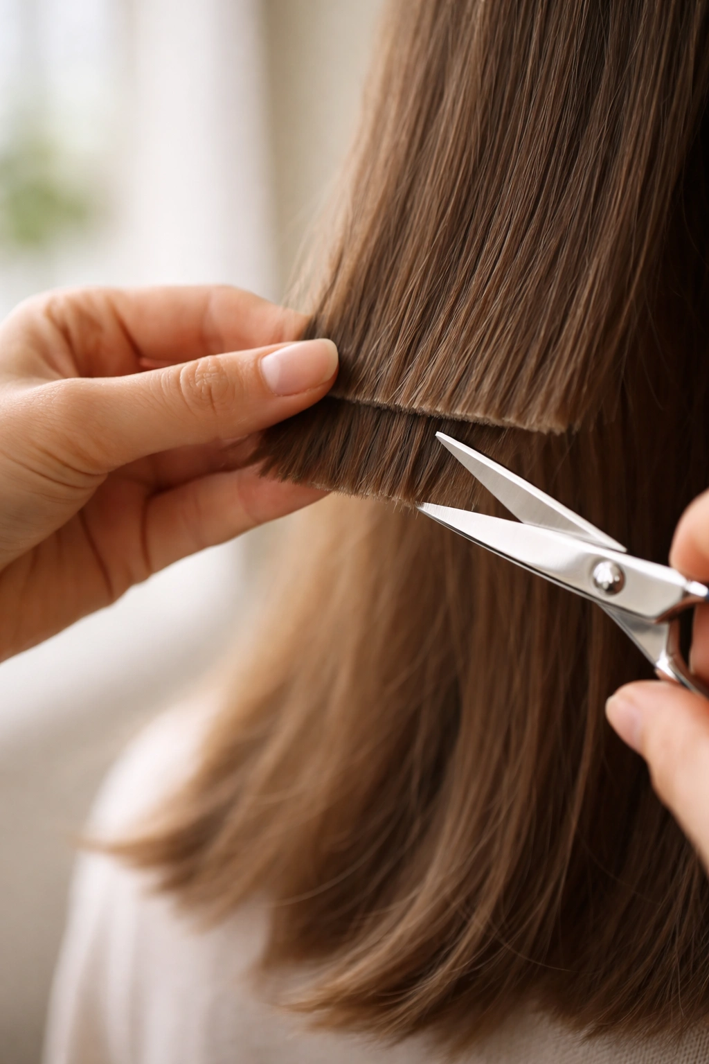 Hands and hair with scissors cutting a straight horizontal line