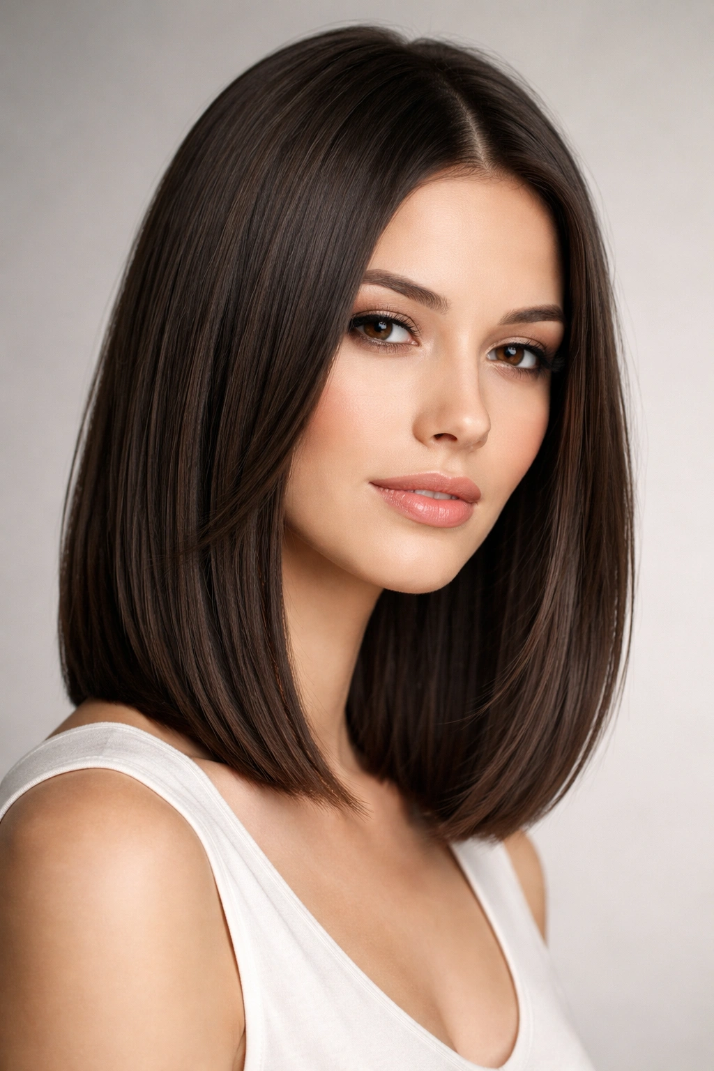 Portrait of Straight Lob with Blunt Layers hairstyle showing blunt ends and chin-to-shoulder length