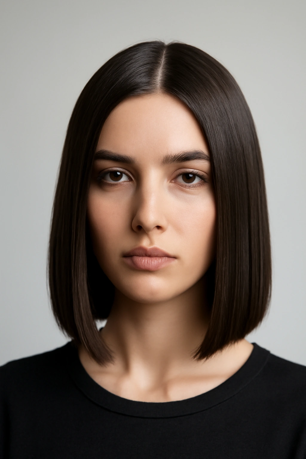 Sleek straight lob with center part on a model in studio