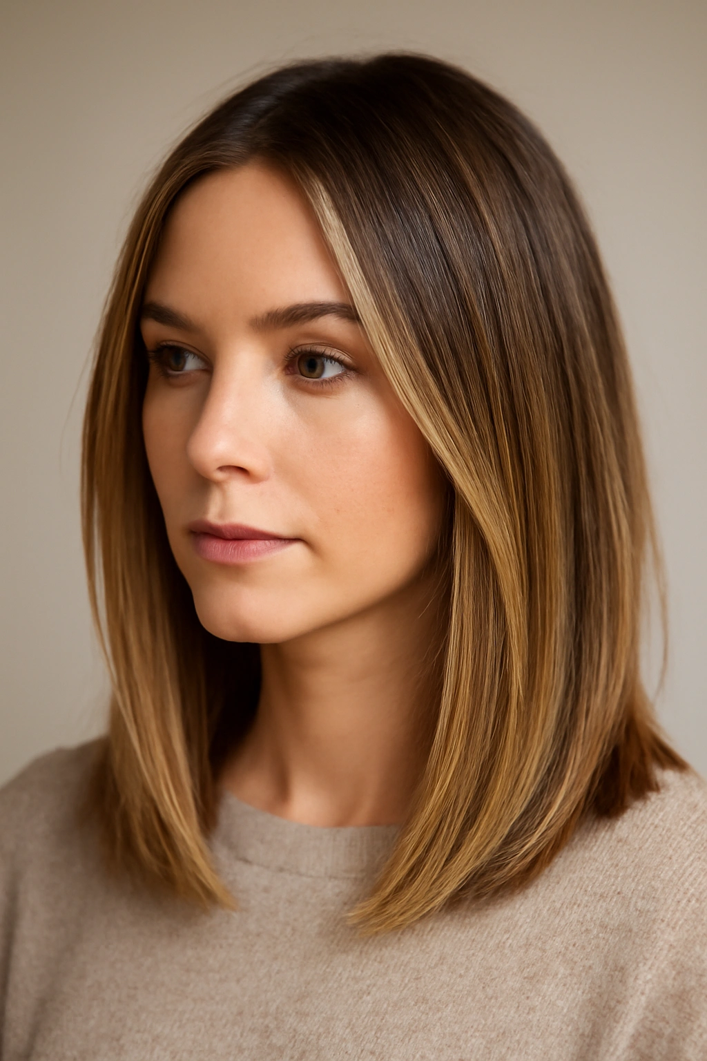 Straight shoulder-length hair with sun-kissed balayage framing the face.