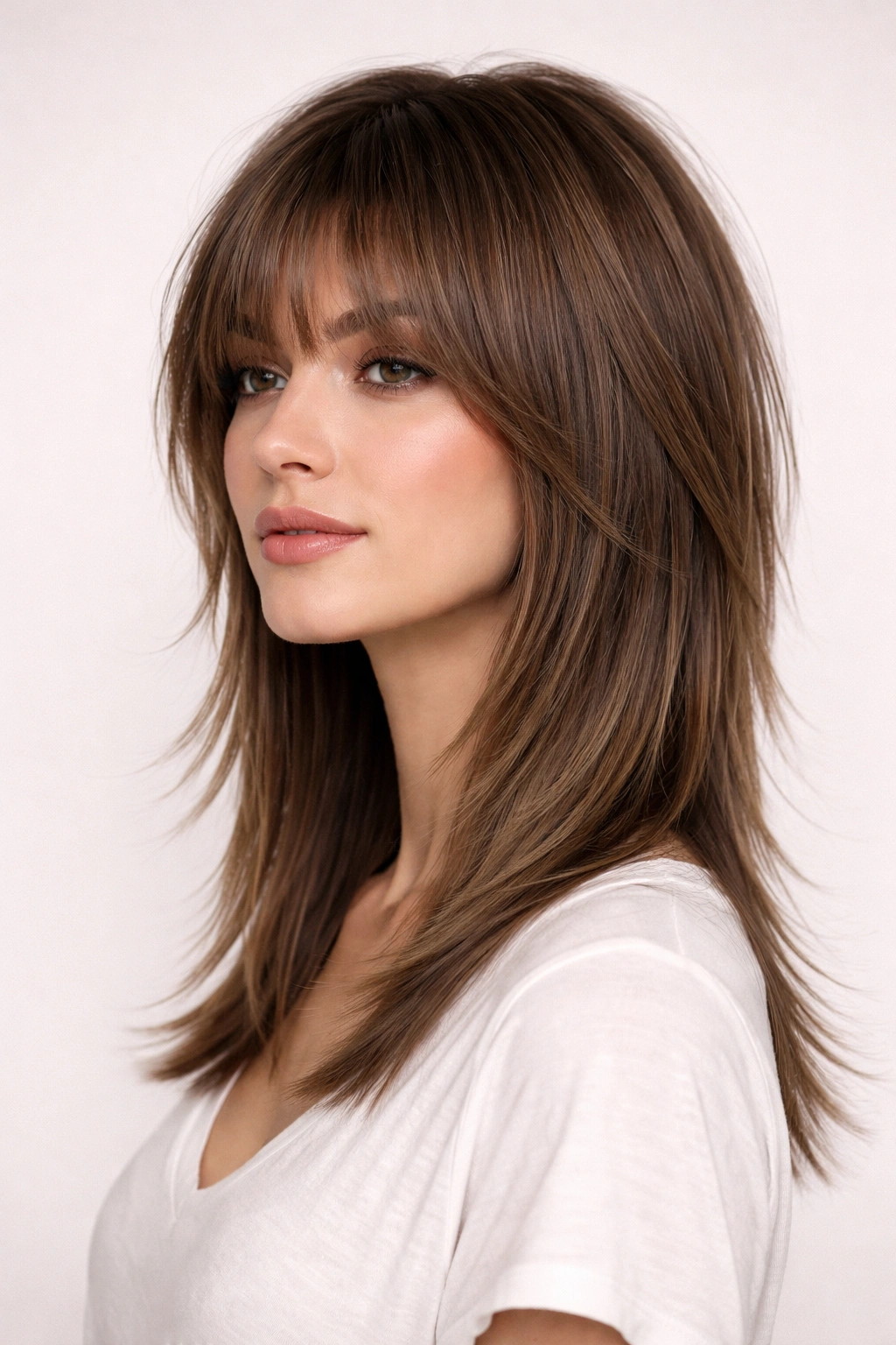 Straight Shag haircut with layered feathered ends and straight hem in a studio portrait