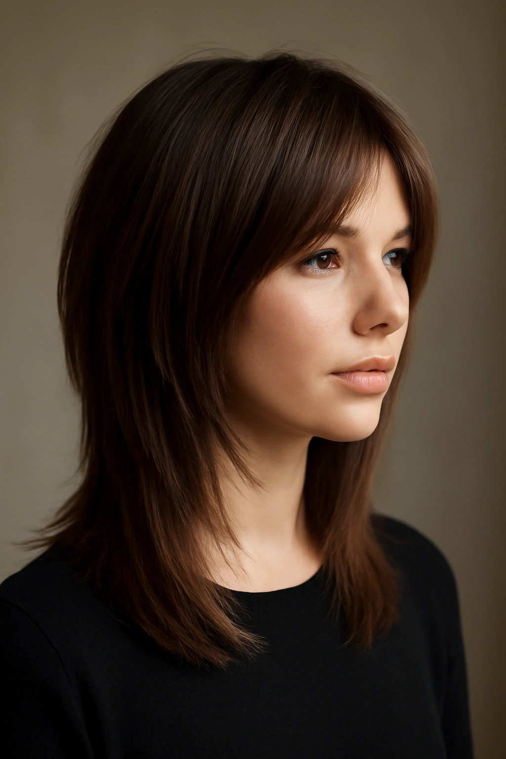 Shoulder-length straight hair with modern layered shag, face-framing pieces