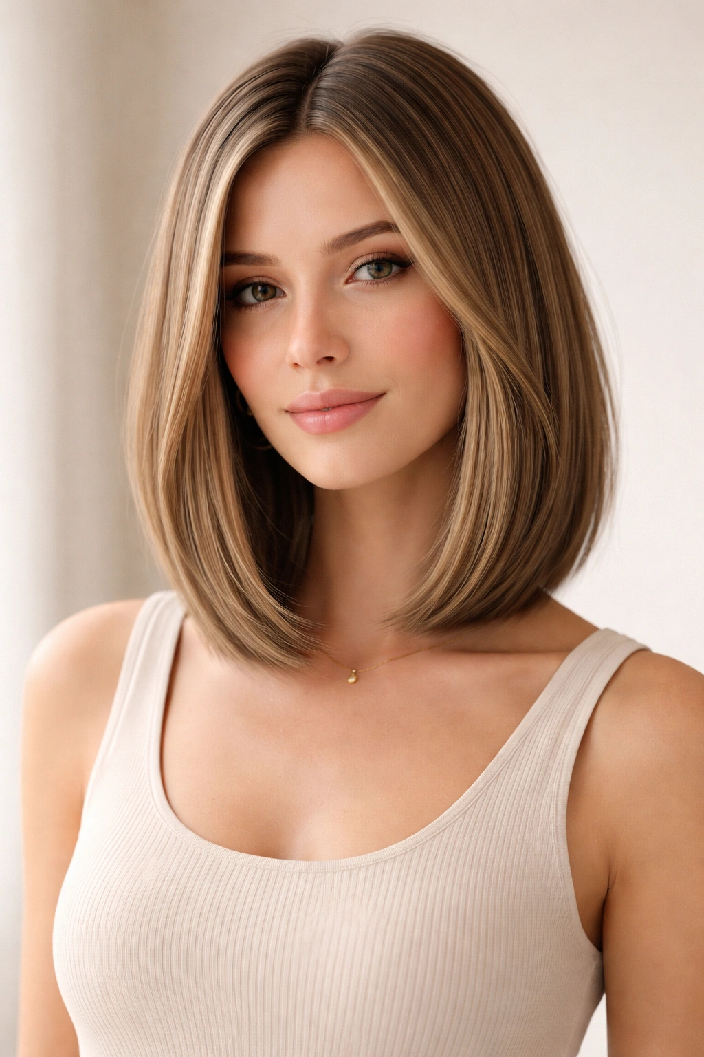 Portrait of a person with straight shoulder-length bob and subtle layers