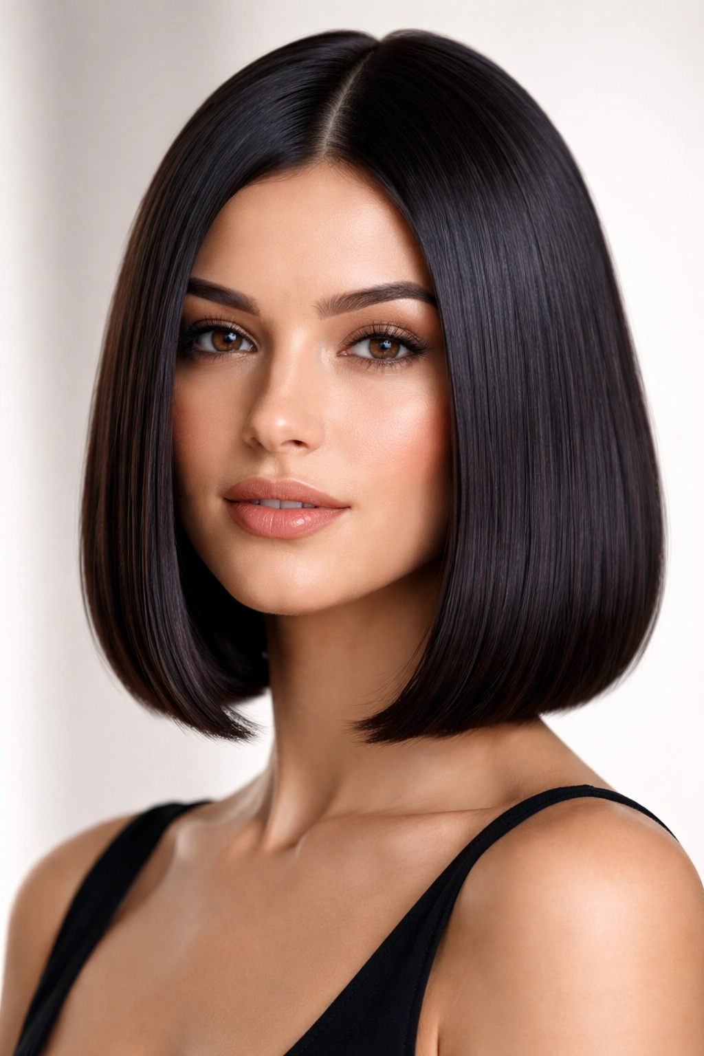 Straight and sleek bob with glossy finish and uniform length
