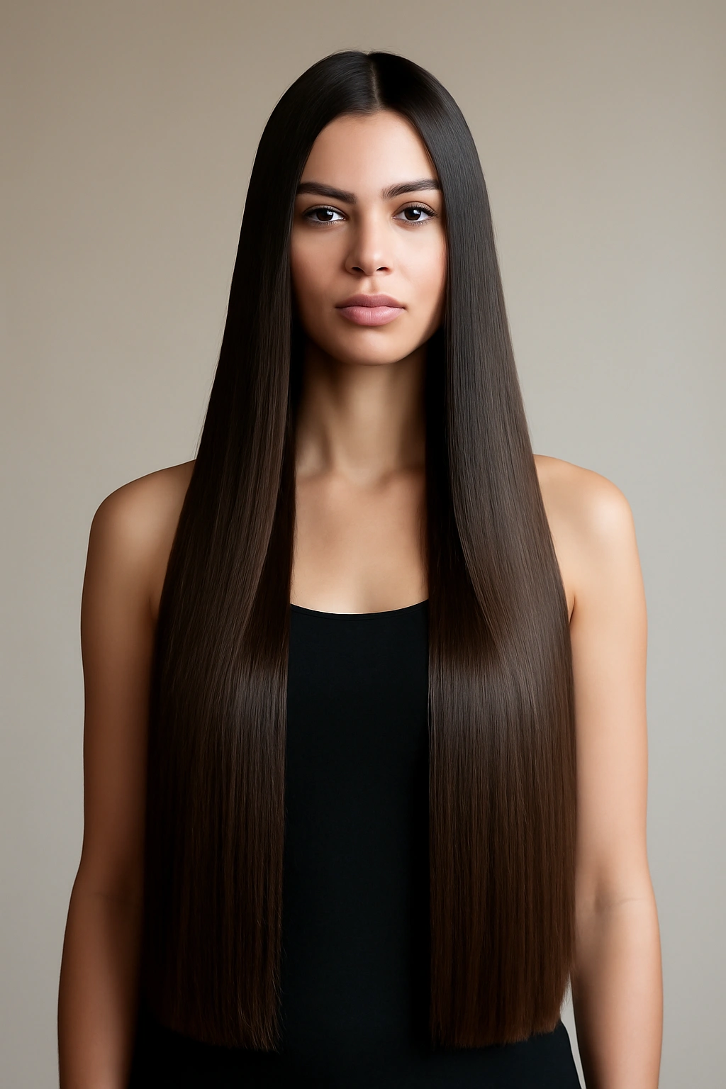 Ultra-long straight hair with blunt ends, glossy and sleek