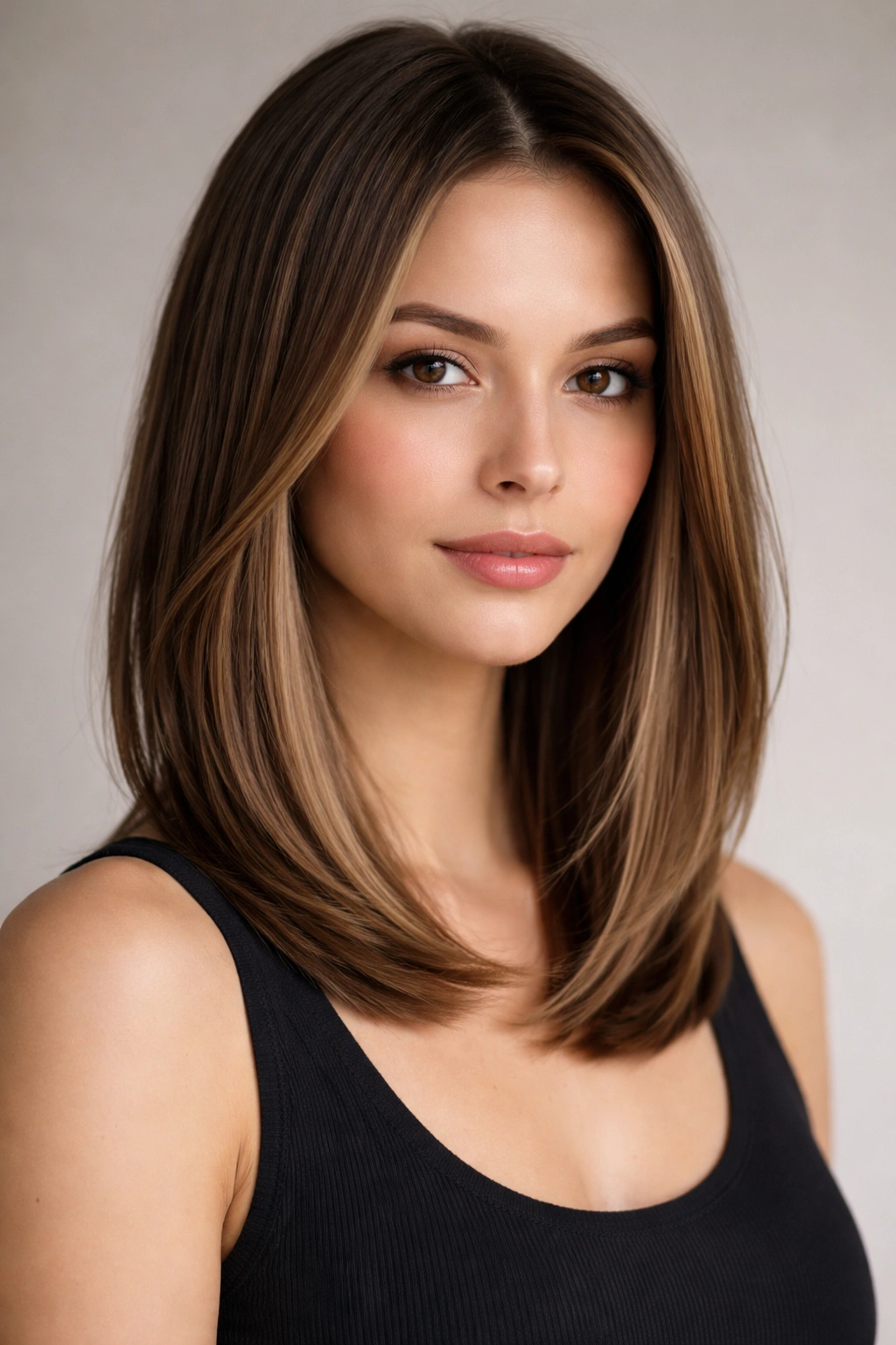 Straight hair sleek lob with subtle face-framing layers at shoulder length