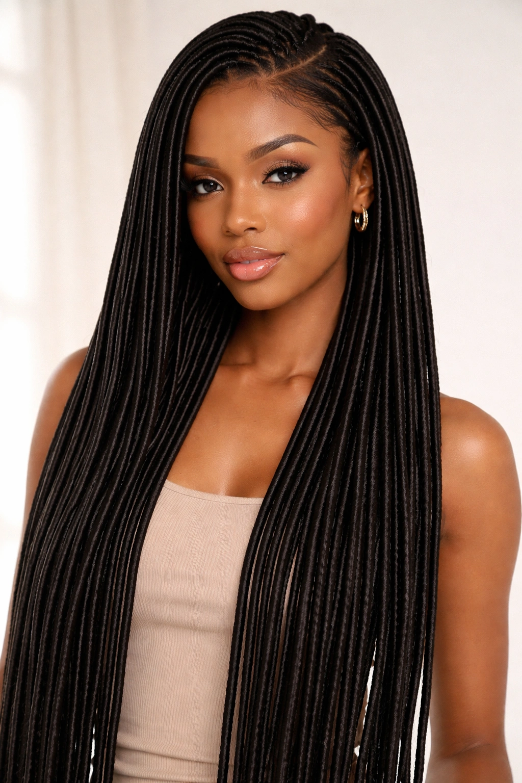 Straight sleek faux locs with glossy, uniform strands