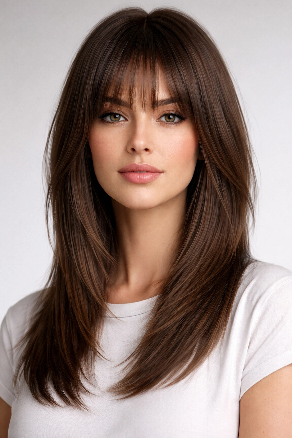 Portrait of a straight-haired person with a sleek, layered shag showing smooth texture and shine.
