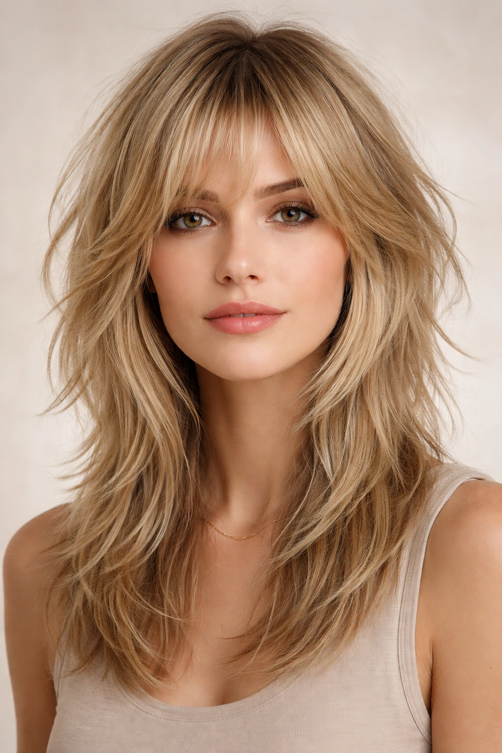 Close-up portrait of fine hair with straight texture shag showing fullness and movement