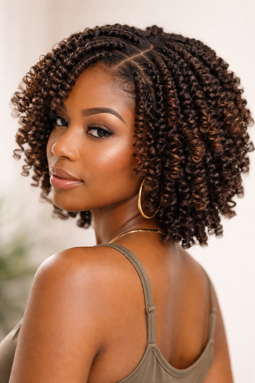 Head of hair with twists producing spiral, bouncy curls
