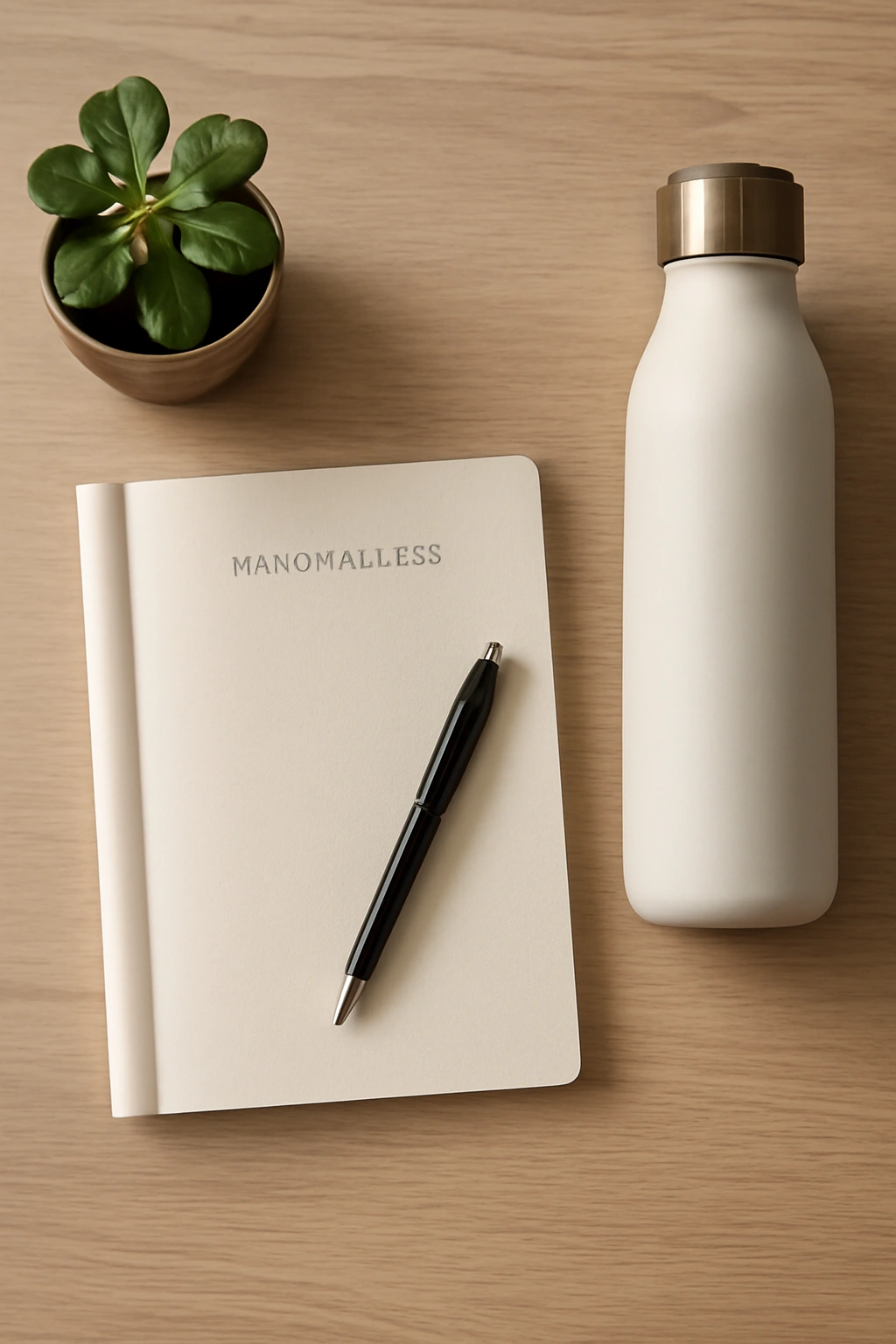 Calm desk setup with mindfulness journal, plant, and water bottle
