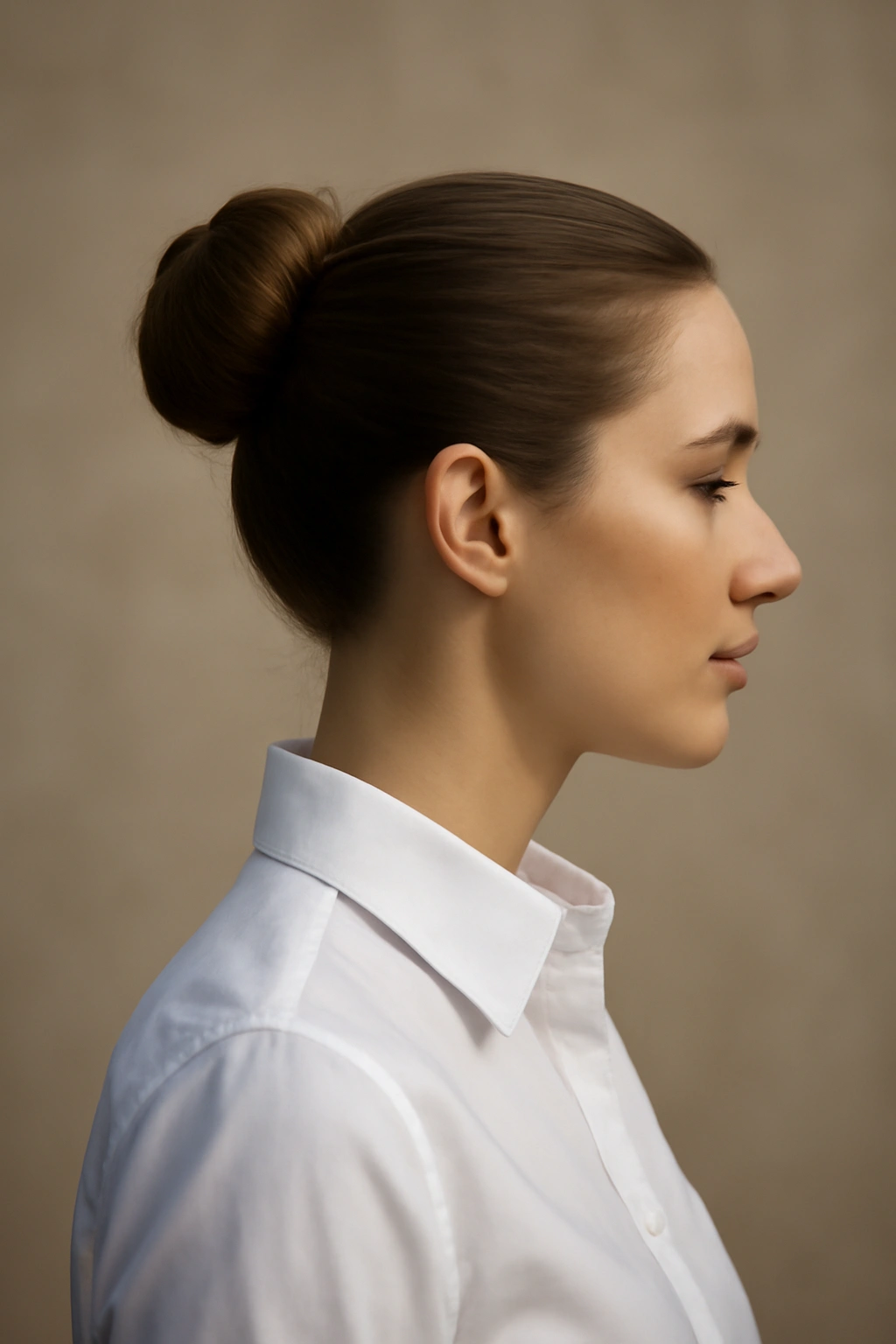 Neat structured bun at the crown with a button-down shirt visible
