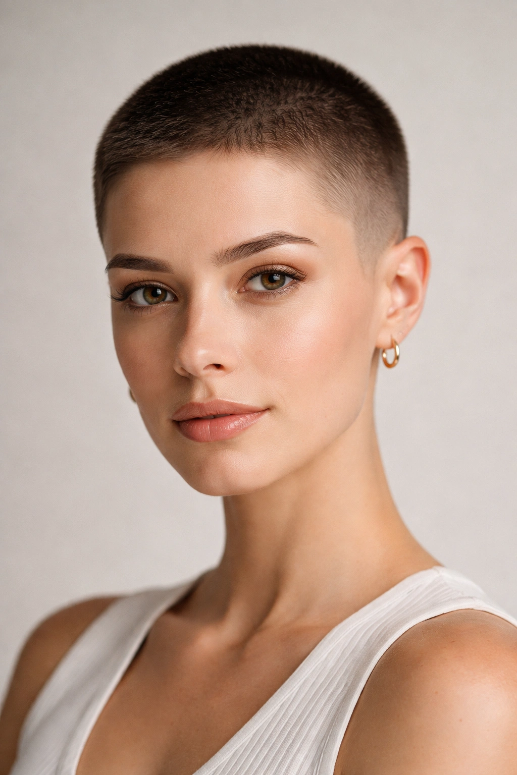 Model with a structured crew cut showing precise, uniform length