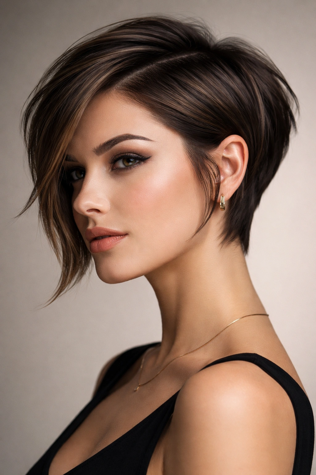 Structured crop with defined angles highlighting cheekbones