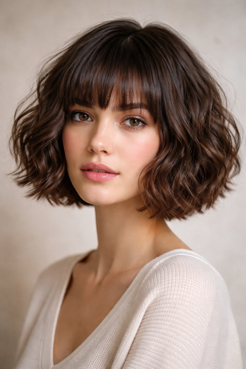 Close-up of chin-length structured curly bob on straight to wavy hair in studio lighting