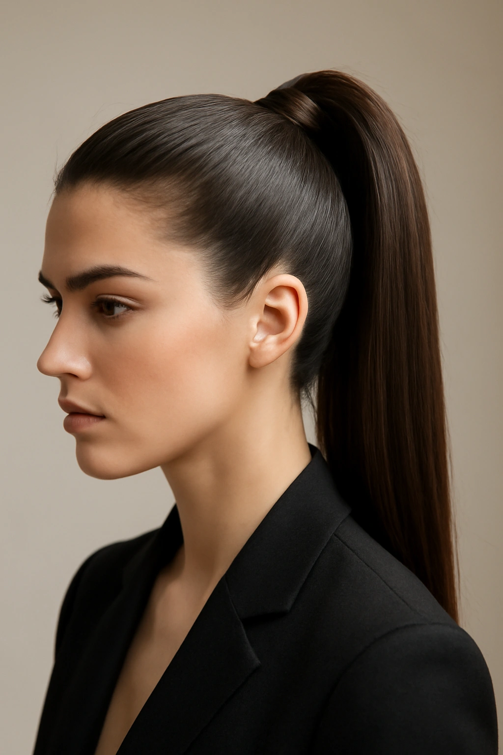 Close-up of Structured High Ponytail hairstyle with high-volume ponytail in a blazer-ready portrait
