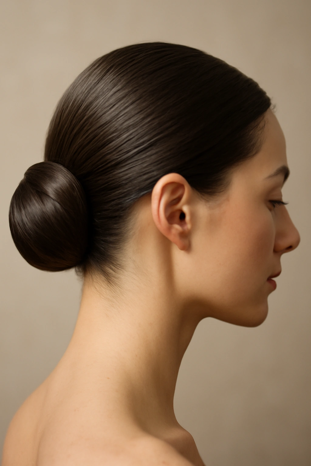Close-up of a sleek structured side bun with a glossy finish