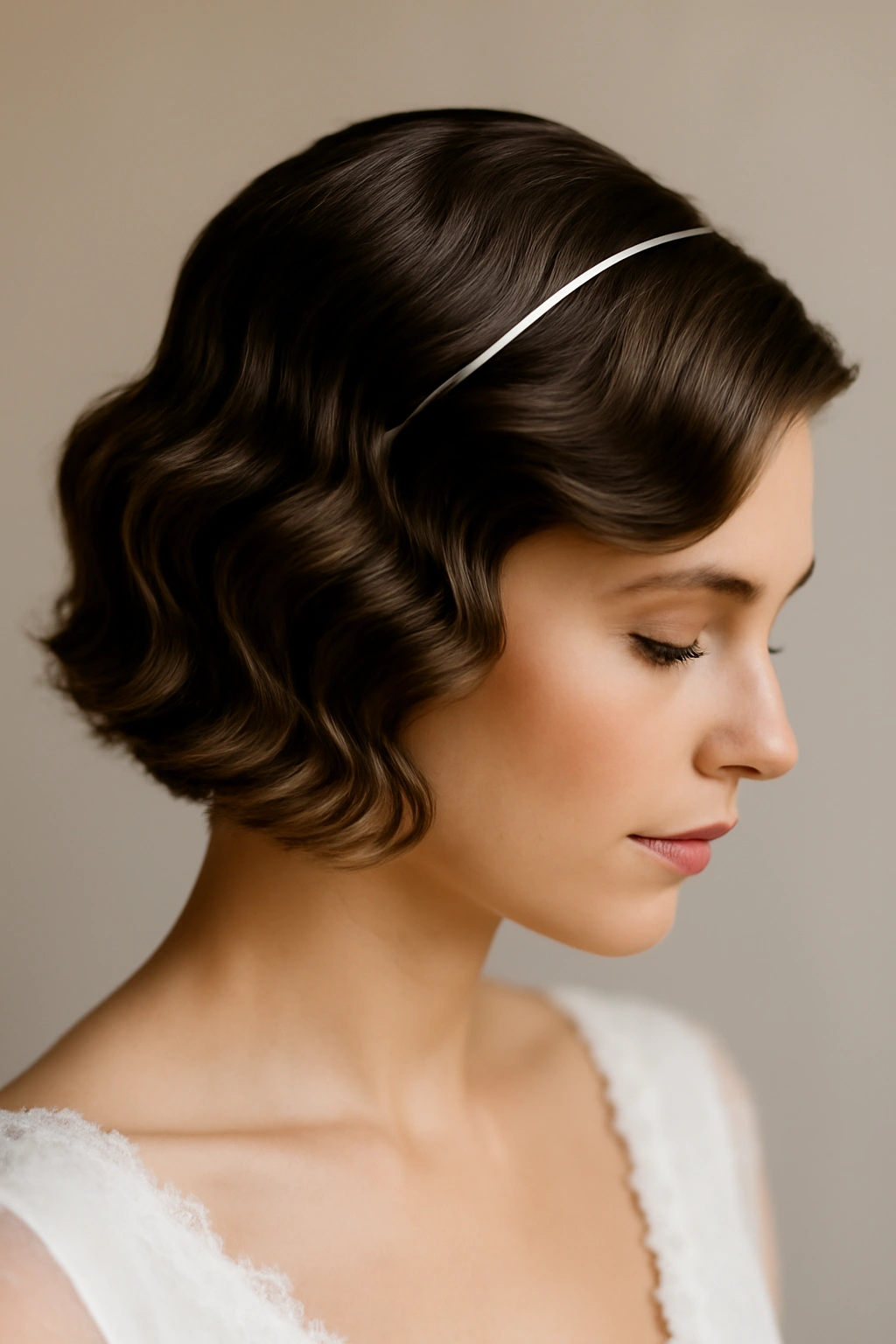 Structured waves with thin metal headband on short-to-medium hair.