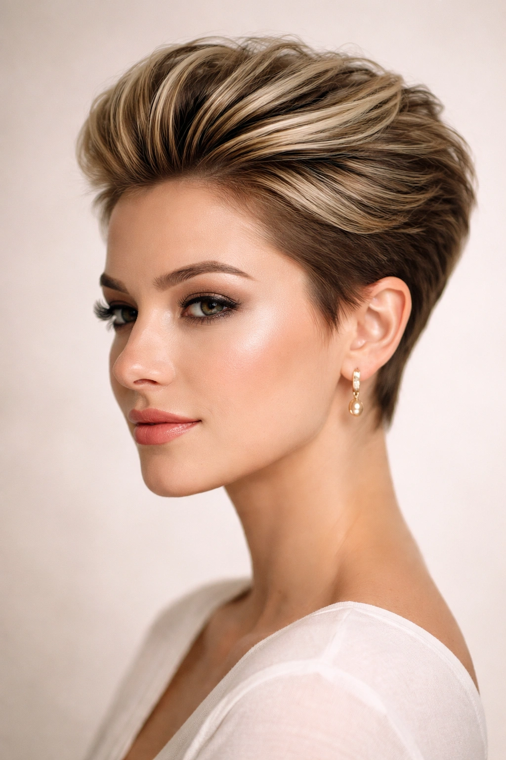Styled-back pixie with top volume and polished silhouette