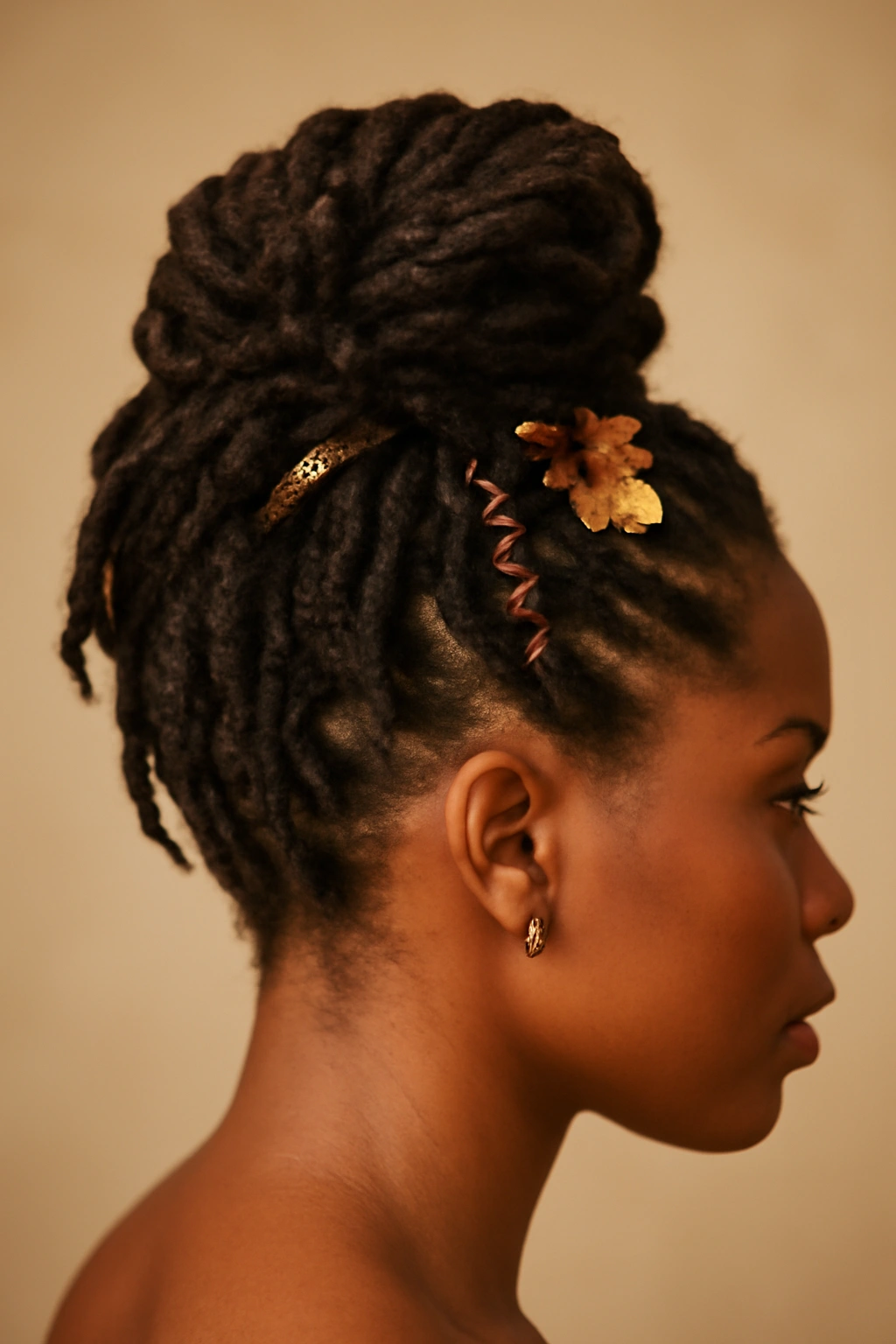 Styled locs with autumn accessories arranged in an updo