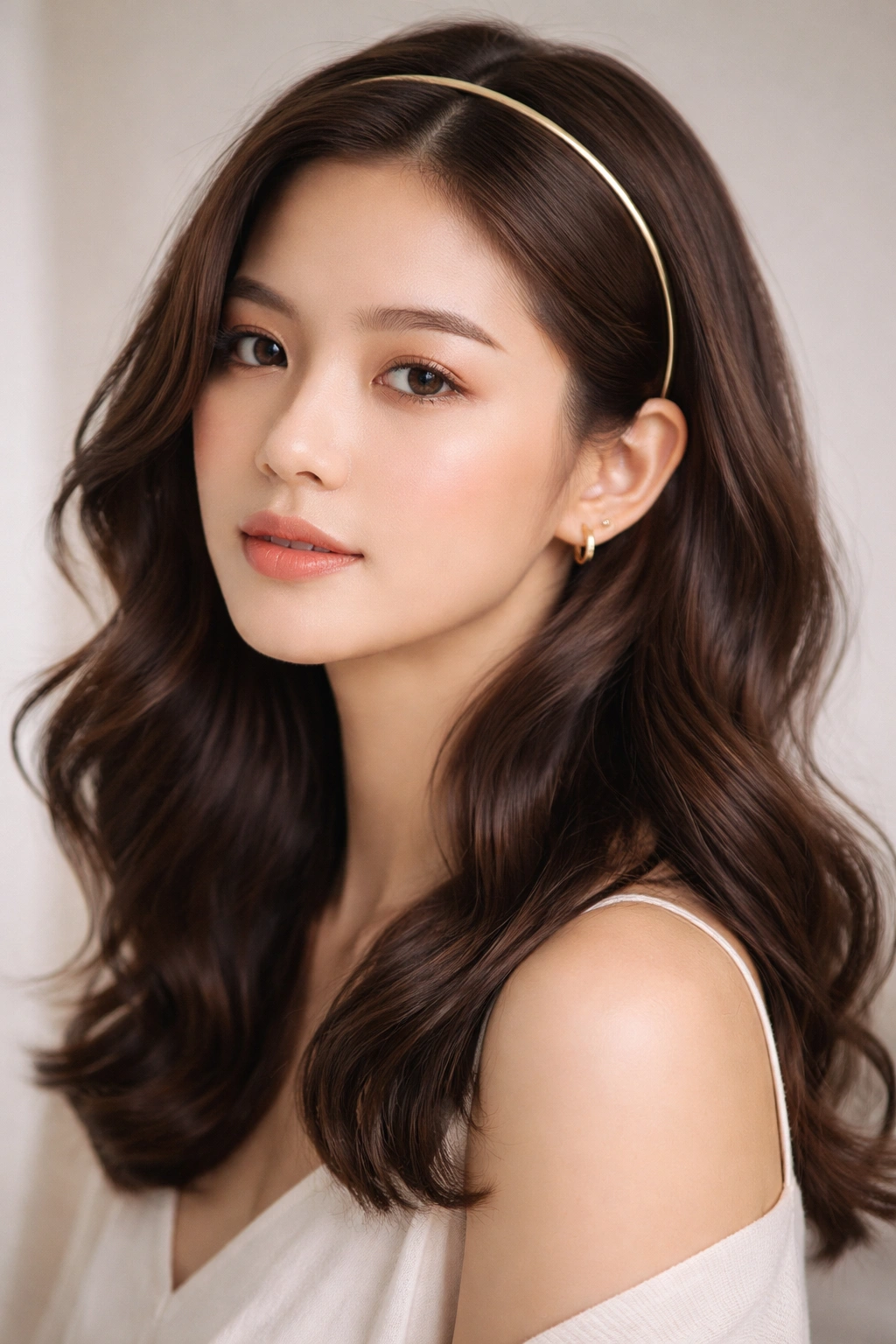 Close-up of soft waves with a sleek headband in a neutral studio portrait