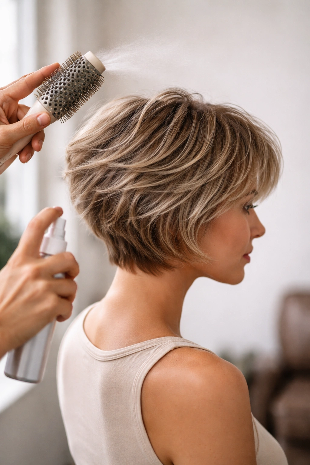 Hands styling a short feathered haircut with texture spray in studio
