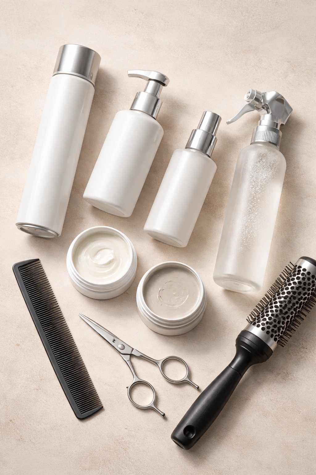Flat lay of styling product bottles and tools on a clean surface