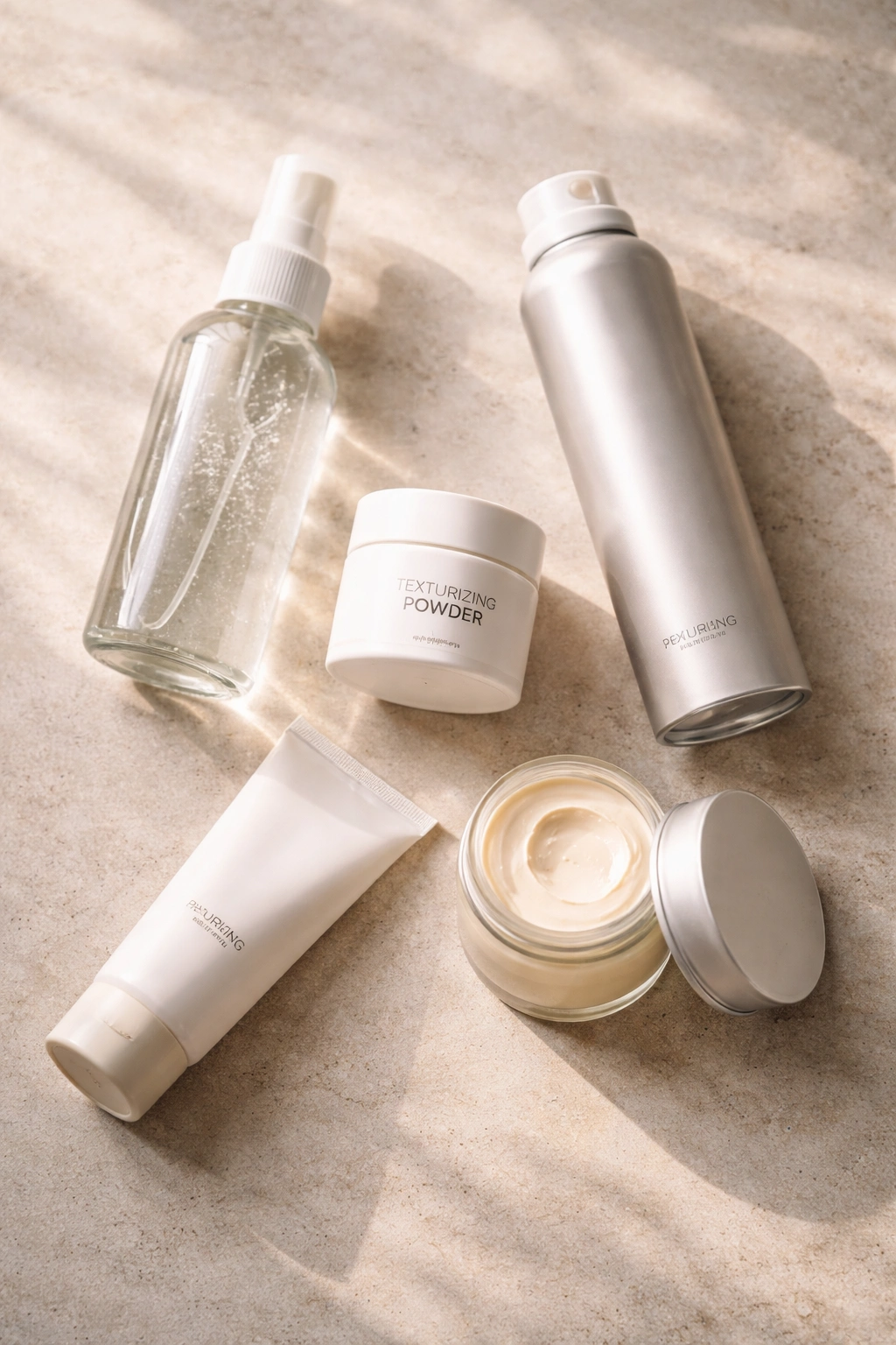 Minimalist arrangement of lightweight hair styling products for shaved bob texture on a neutral surface
