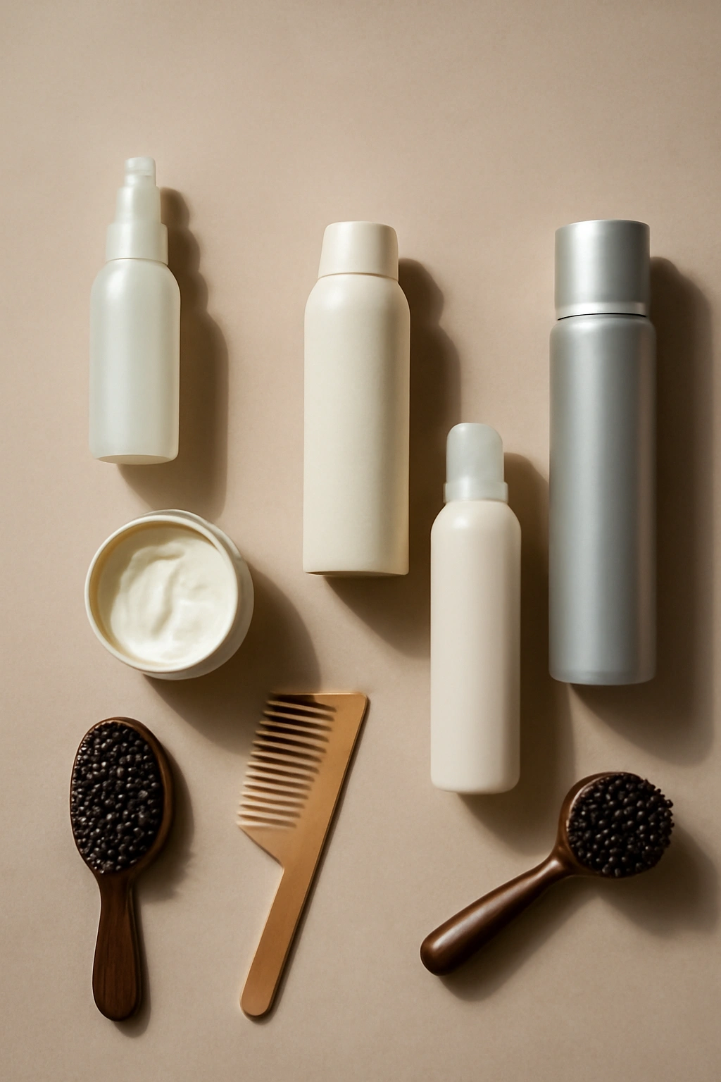 Flat lay of unlabeled styling products and tools for short-hair styling.
