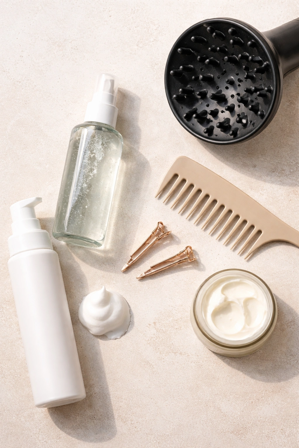 Flat lay of styling products and a diffuser for wavy pixie styling.