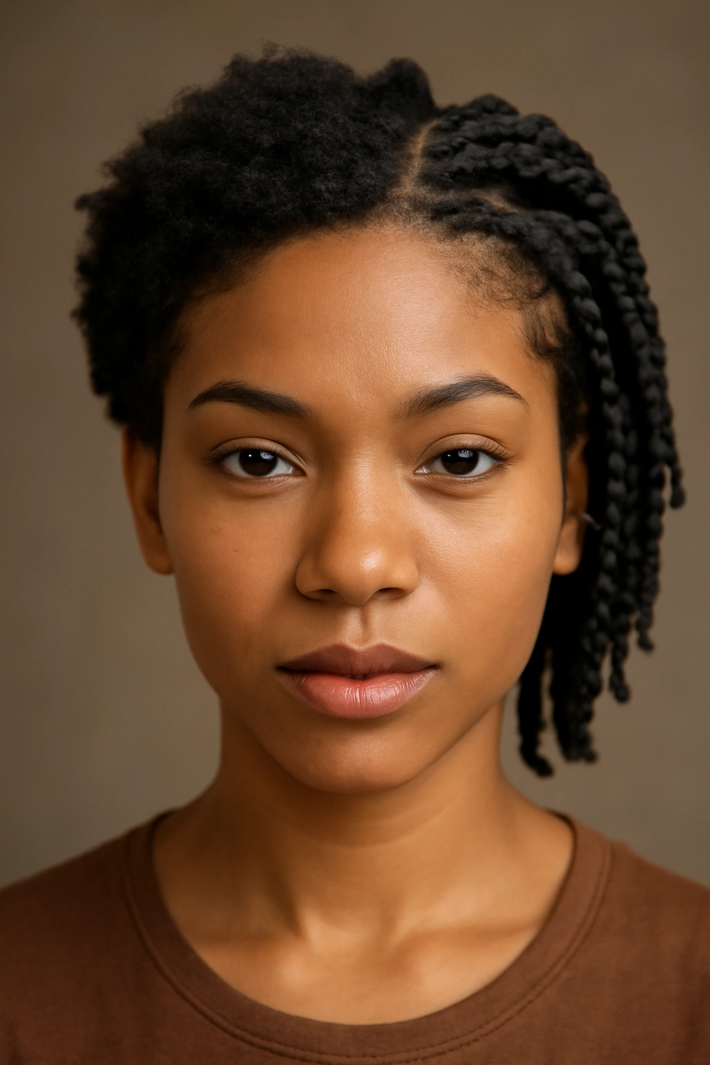 Portrait of a person with short natural hair showing two distinct looks across the head
