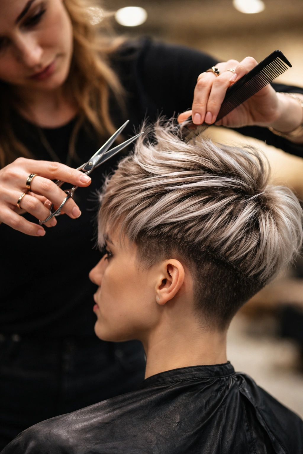 Close-up of stylist’s hands styling edgy haircut in a salon