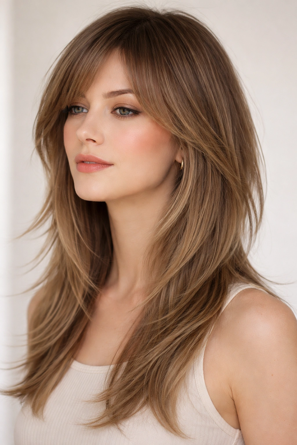 Close-up of subtly layered wolf cut with soft, blended movement.